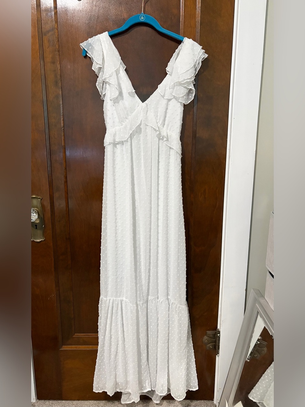 Audrey Parks Francesca’s White Swiss Dot Maxi Dress with Ruffle Straps
